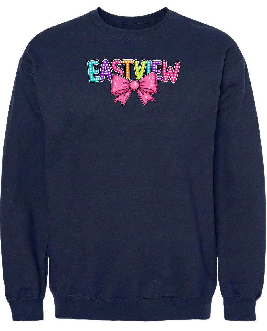 A navy blue sweatshirt with a colorful bow and the word "EASTVIEW" printed on it.