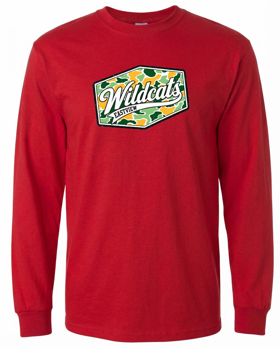 A red long-sleeved t-shirt with a camouflage-patterned logo on the front.