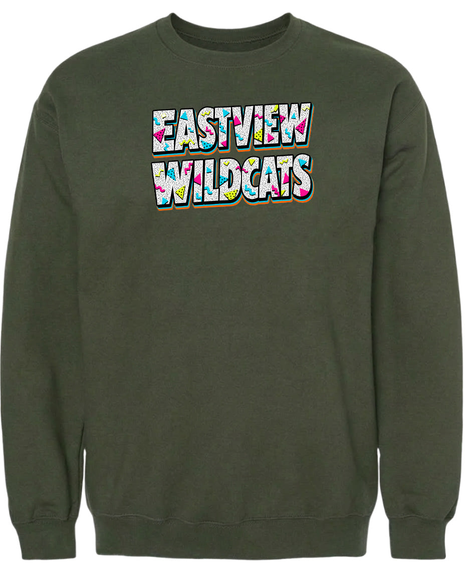 A dark green sweatshirt with the text "EASTVIEW WILDCATS" printed on it.