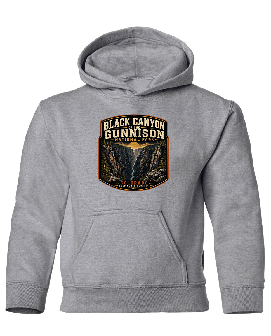 A gray hooded sweatshirt with a graphic design depicting the Black Canyon of the Gunnison National Park.