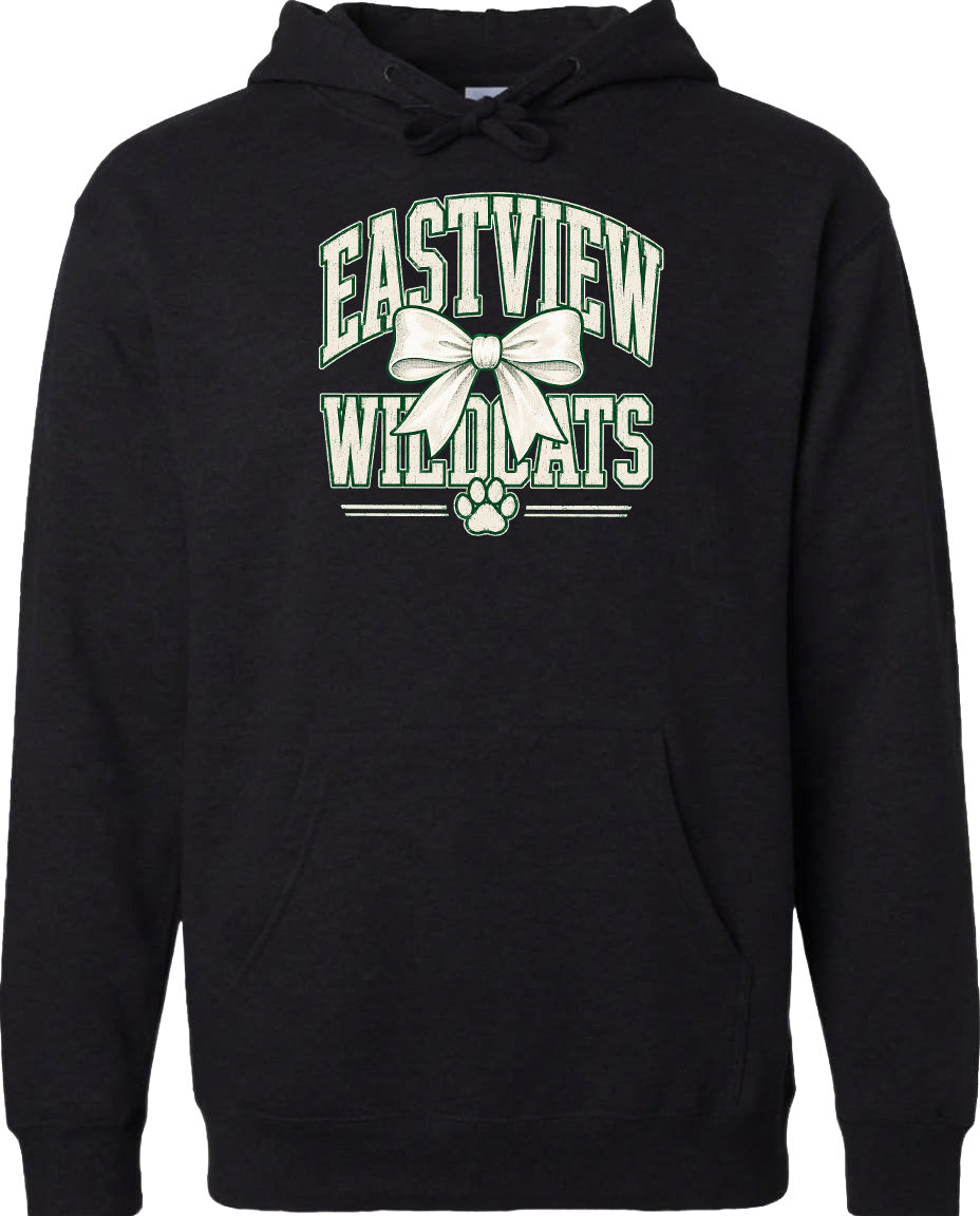 A black hoodie with a graphic design featuring the text "EASTVIEW WILDLOTS" and a bow.