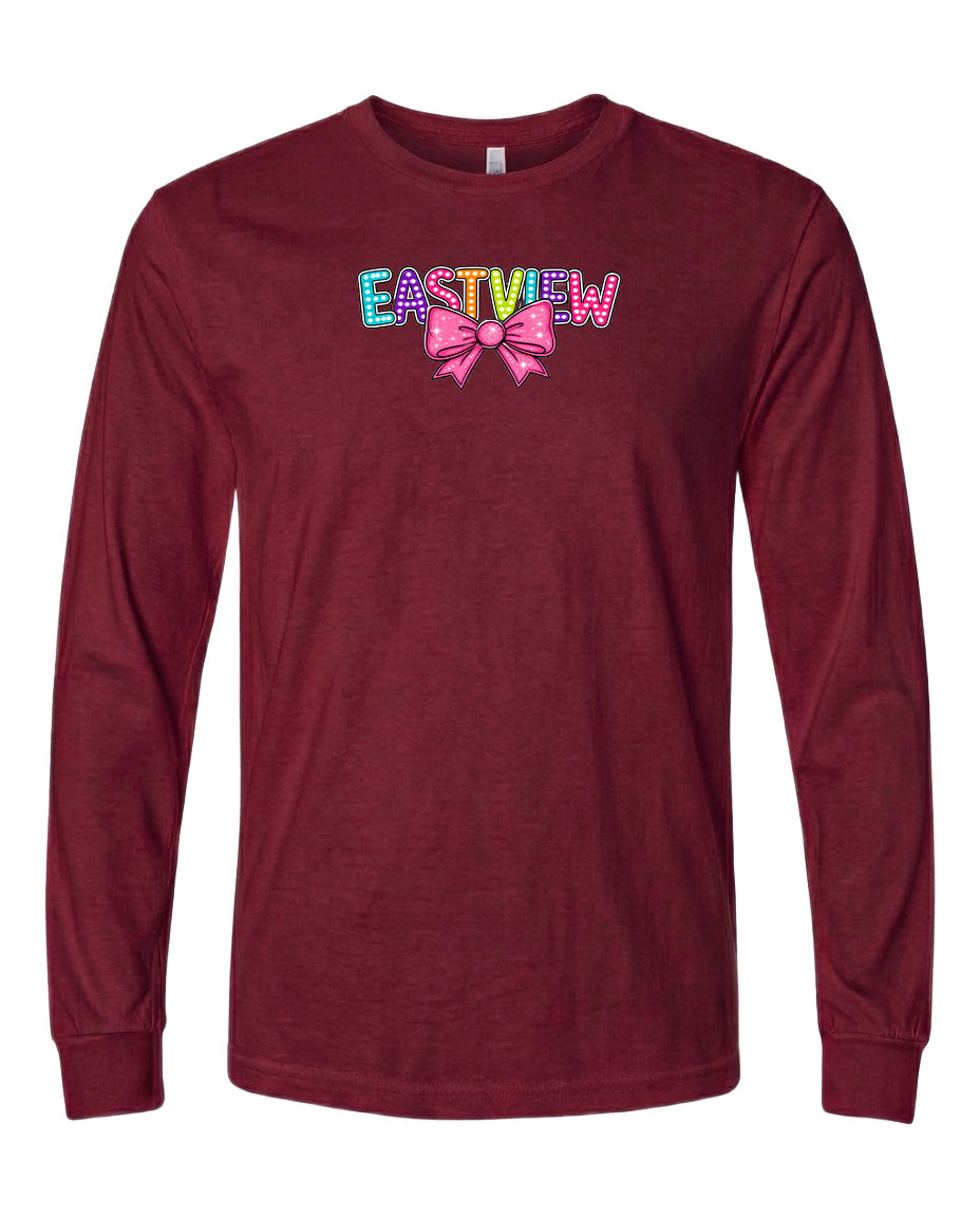 A burgundy long-sleeved t-shirt with the text "EASTVIEW" and a bow graphic printed on it.