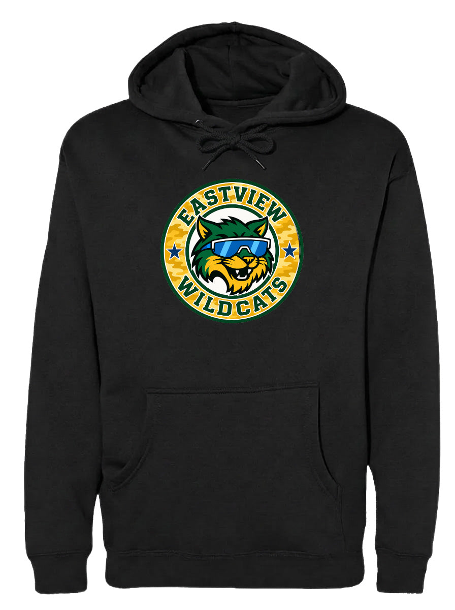 A black hoodie with a graphic design featuring a cartoon-like wildcat wearing sunglasses and the text "EASTVIEW WILDCATS" around it.