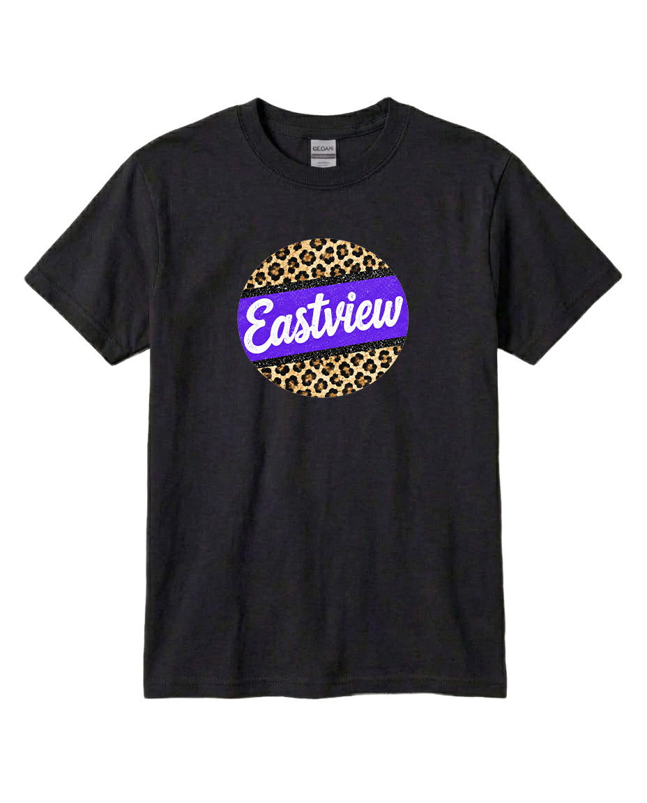 A black t-shirt with a graphic design featuring a circular pattern with a leopard print border and the word "Eastview" written in white cursive text.