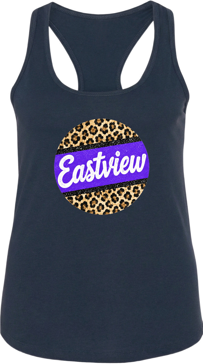 A black tank top with a leopard print design and the word "Eastview" printed on it.