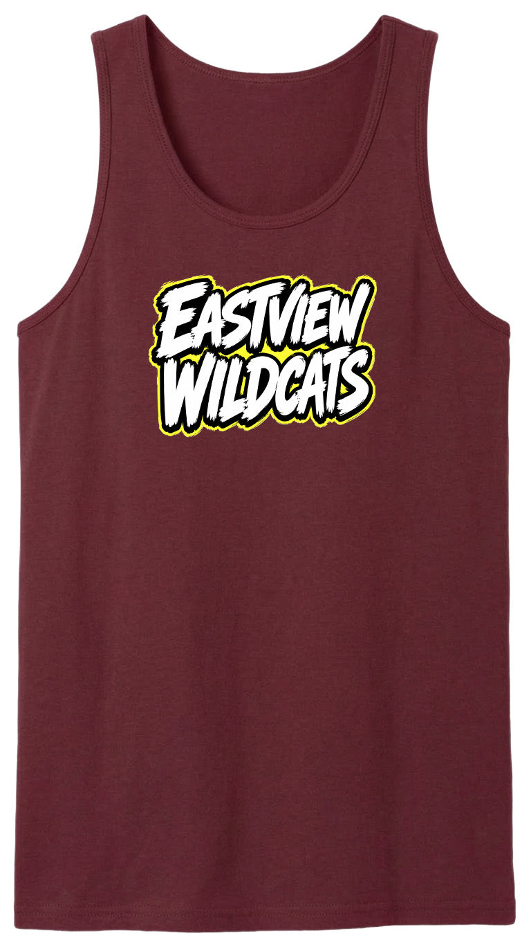 A burgundy tank top with the text "EASTVIEW WILDCATS" printed on it in a stylized font.