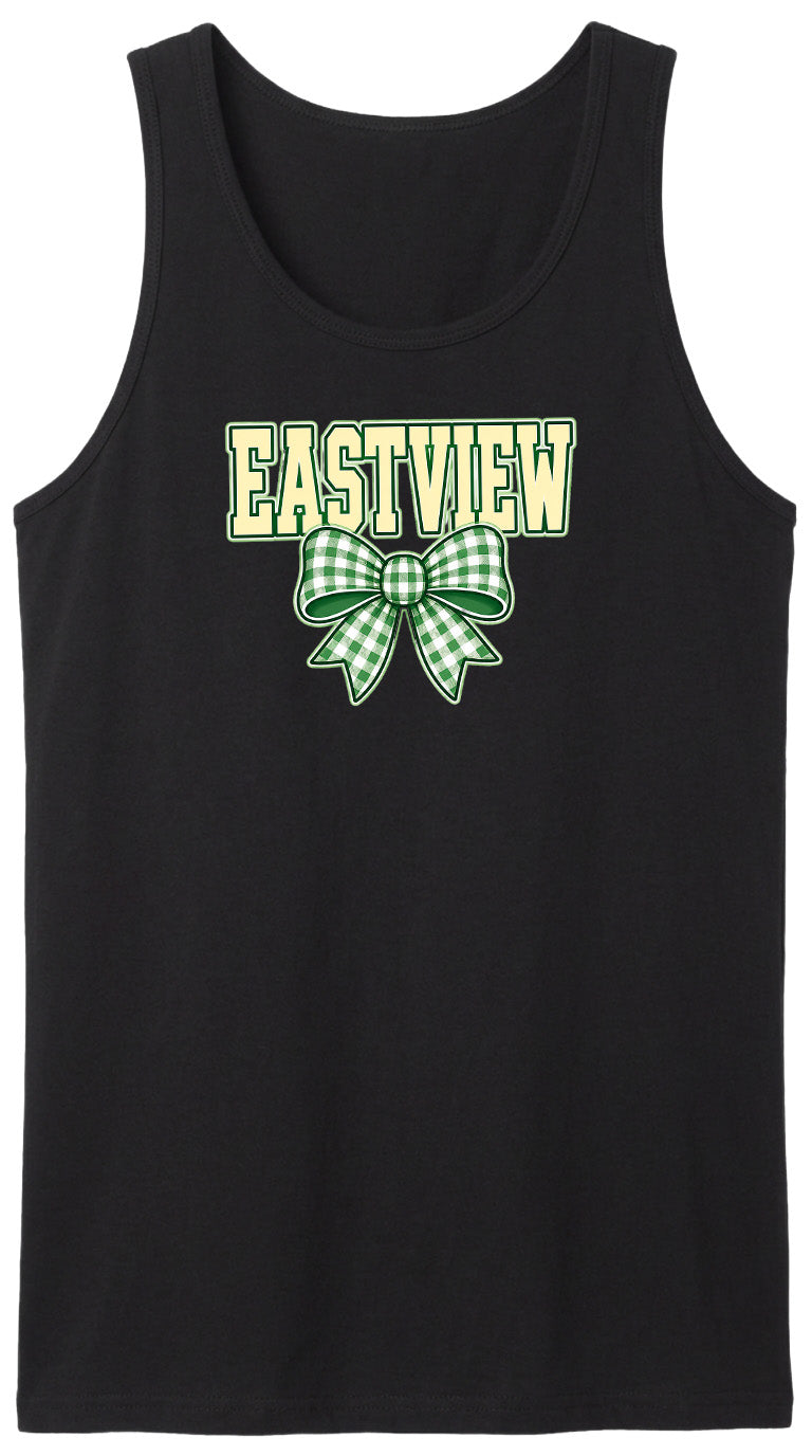 A black tank top with the word "EASTVIEW" and a green and white bow printed on it.