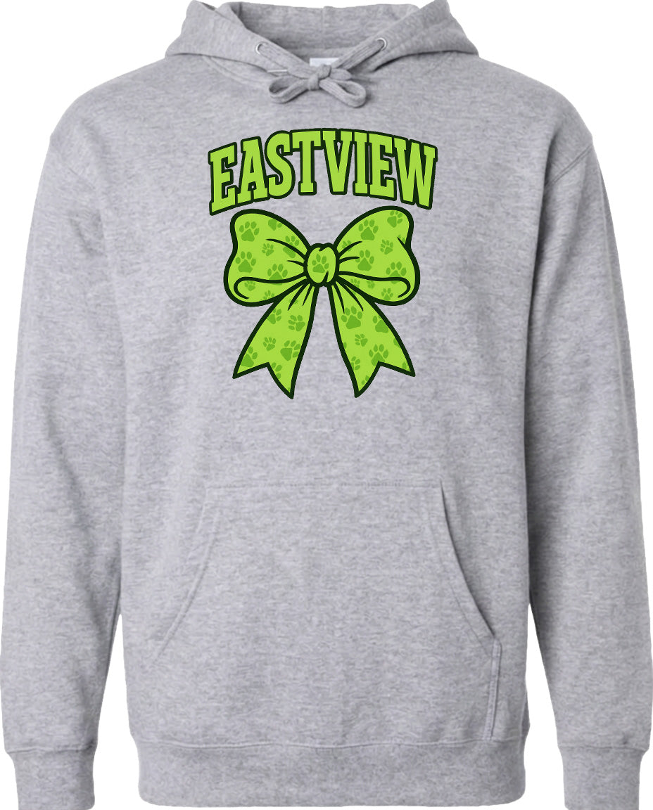 A gray hoodie with a green bow and paw prints printed on it.