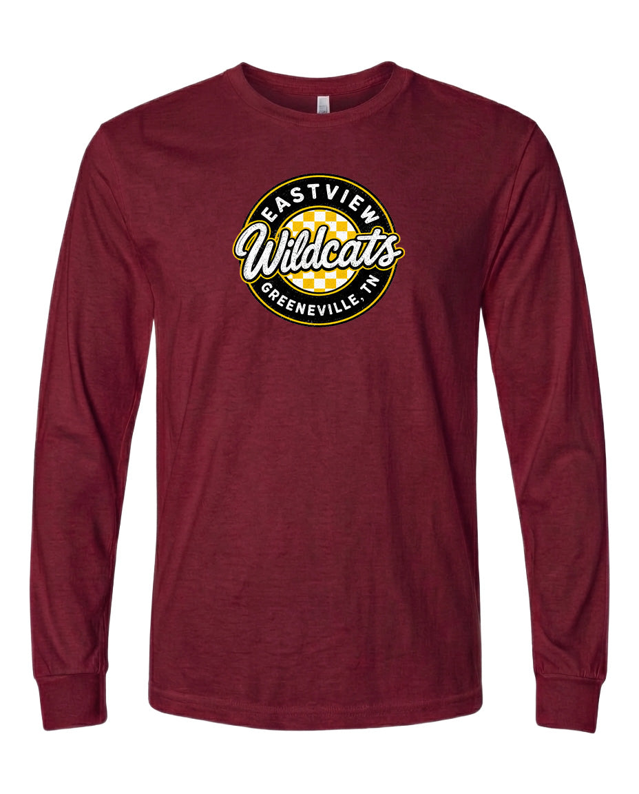 A burgundy long-sleeved t-shirt with a circular logo on the front.