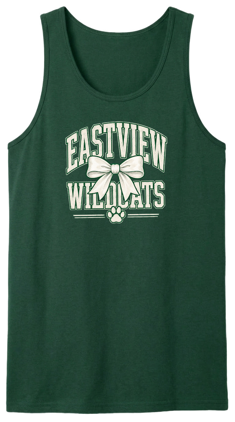 A green tank top with white text and a bow graphic printed on it.