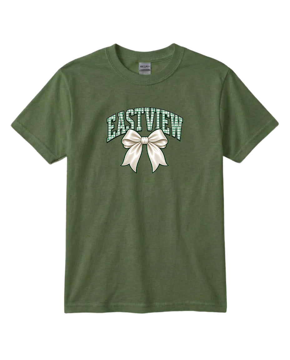 A green t-shirt with a graphic design featuring a white bow and the text "EASTVIEW" printed on it.