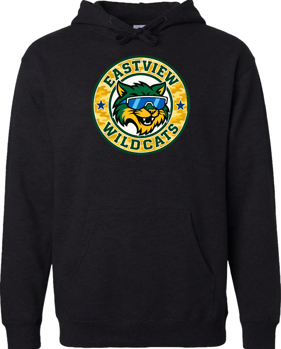 A black hoodie with a graphic design featuring a cat wearing sunglasses and the text "EASTVIEW WILDCATS" around it.