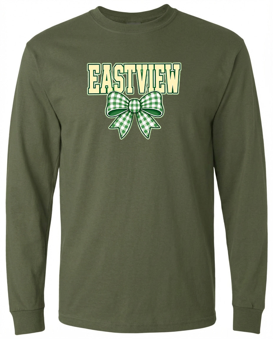 A long-sleeved olive green t-shirt with a green and white checkered bow and the word "EASTVIEW" printed on it.