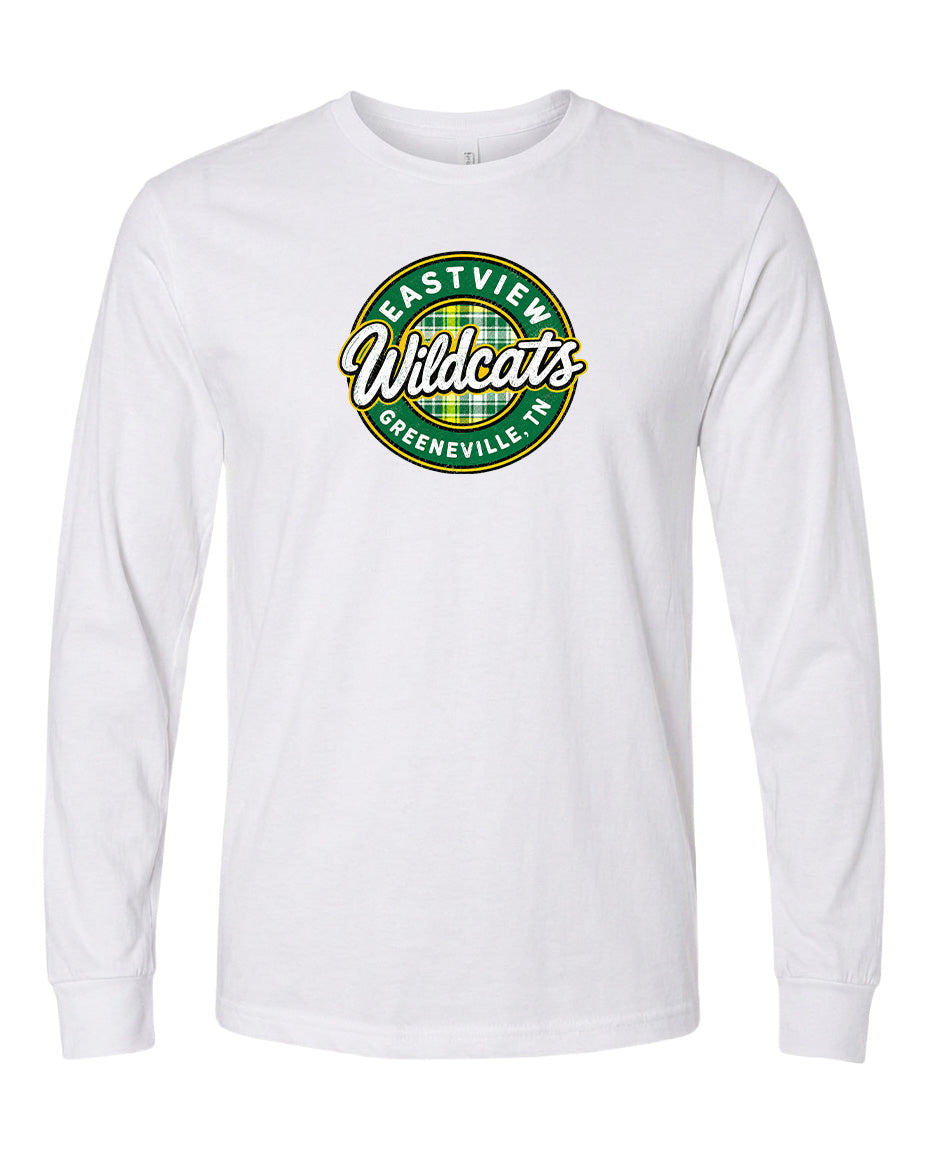 A white long-sleeved t-shirt with a circular logo on the front.