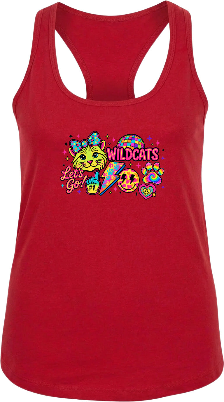 A red tank top with a colorful graphic design featuring a cat, a peace sign, and the word "Wildcats" written on it.