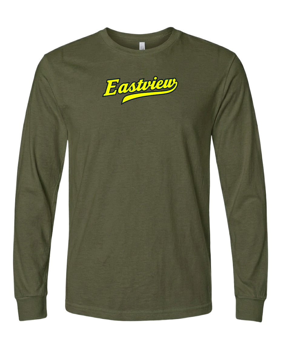 A dark green long-sleeved t-shirt with a yellow logo on the front.