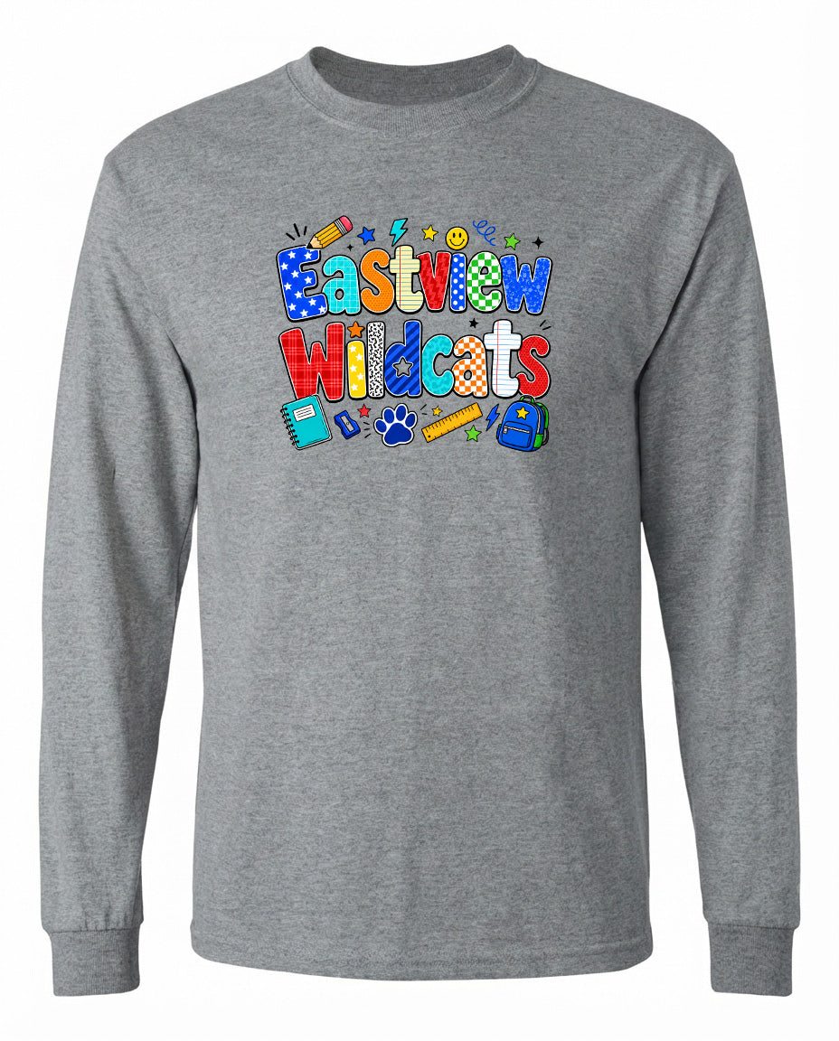 A gray long-sleeved shirt with a colorful graphic design featuring the text "Eastview Wildcats" and various school-related icons such as a backpack, pencil, and book.