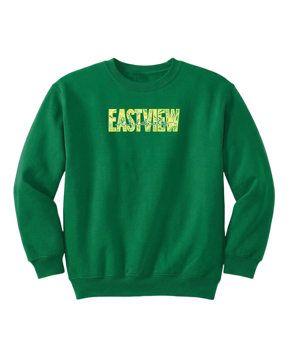 A bright green sweatshirt with the word "EASTVIEW" printed on it in yellow letters.