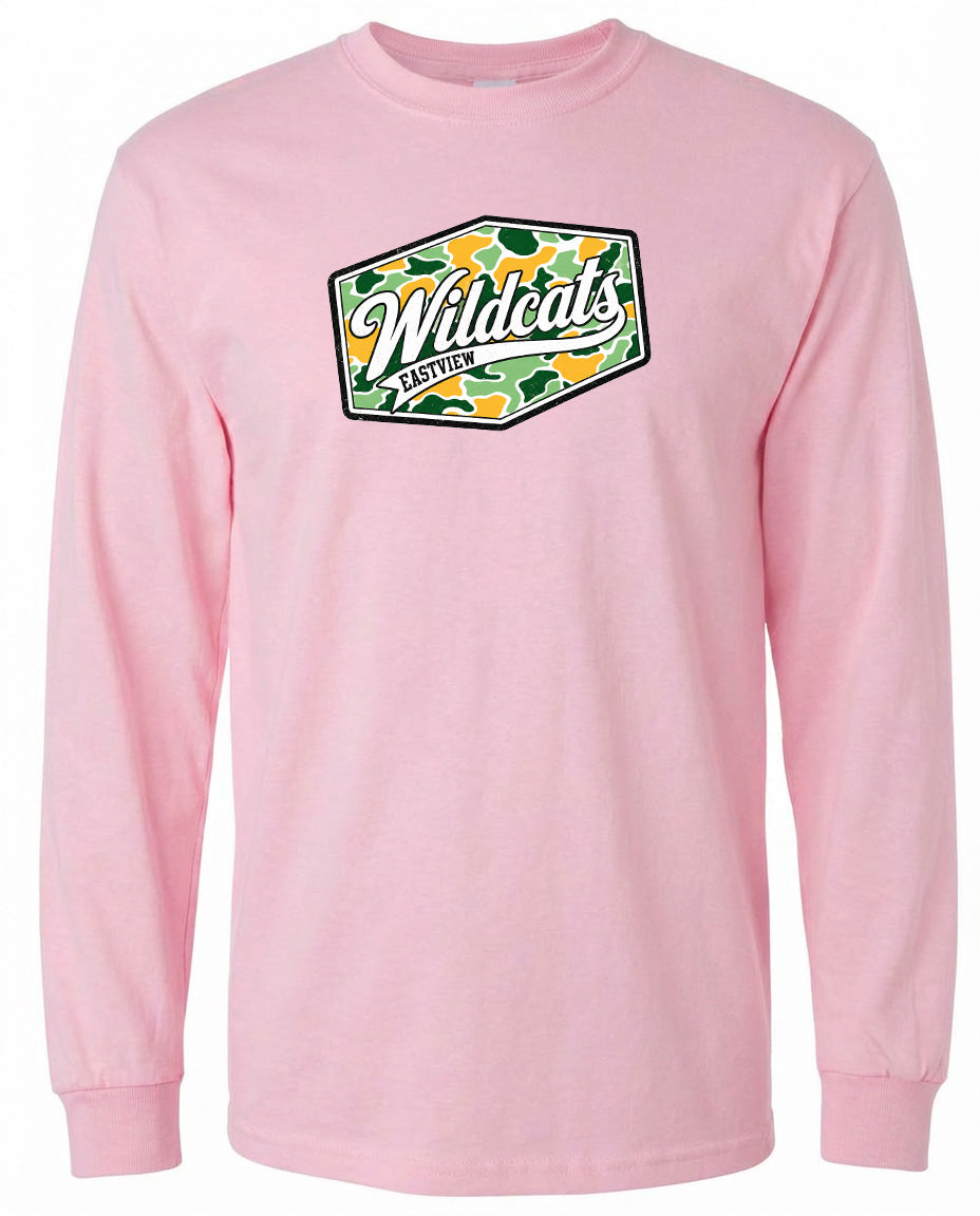 A pink long-sleeved t-shirt with a graphic design on the front.