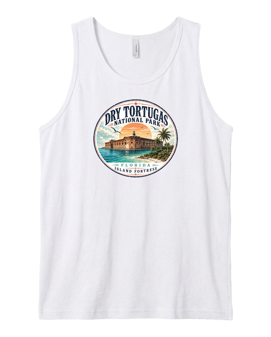 A white tank top with a circular graphic design featuring a tropical island and a building, along with the text "Dry Tortugas National Park, Florida Island Fortresses".