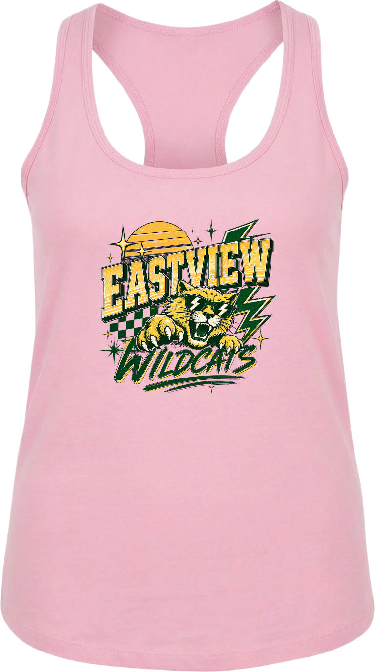 A pink tank top with a graphic design featuring a cat and the text "EASTVIEW WILDCATS".