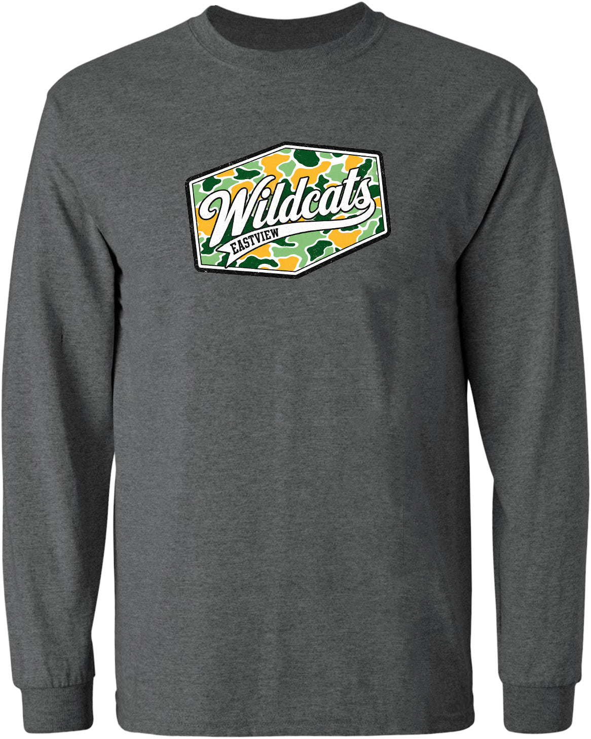 A gray long-sleeved t-shirt with a graphic design on the front. The design features a camouflage pattern and the text "Wildcats" written in a stylized font.