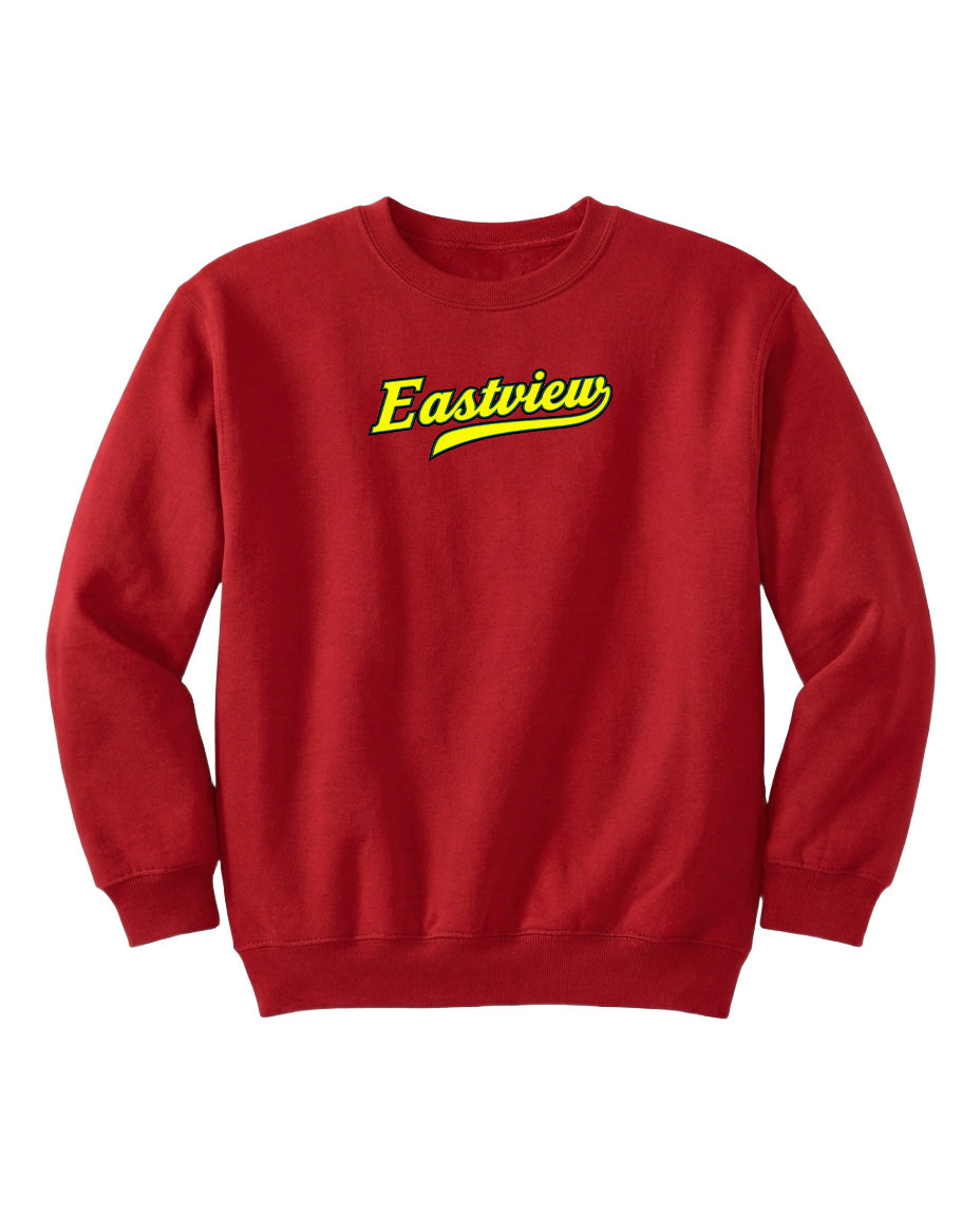 A red sweatshirt with the word "Eastview" printed in yellow on the front.