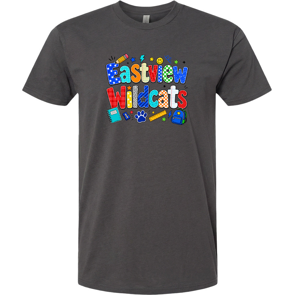 A gray t-shirt with a colorful graphic design featuring the text "Eastview Wildcats" and various school-related icons such as a pencil, backpack, and book.