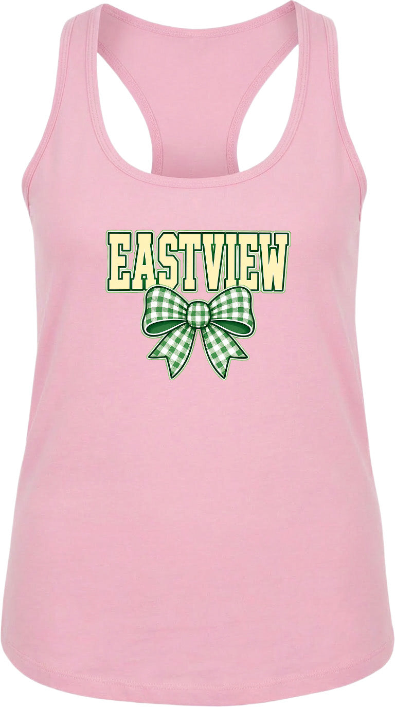 A pink tank top with the word "EASTVIEW" and a bow graphic printed on it.