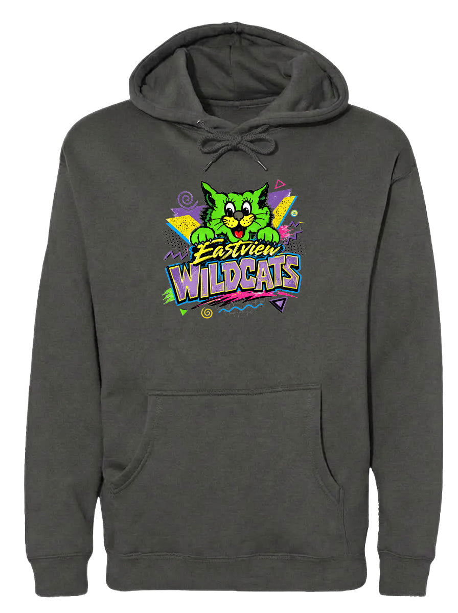 A gray hoodie with a colorful graphic design featuring a cartoon cat and the text "EASTVIEW WILDCATS".