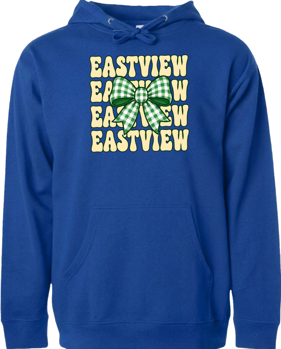 A blue hoodie with a graphic design featuring a green and white bow on the front.