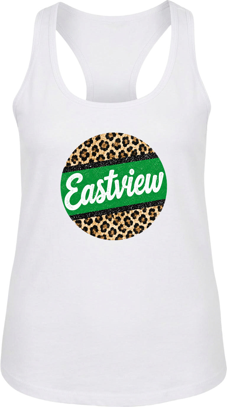 A white tank top with a circular design featuring a leopard print pattern and the word "Eastview" written in green text.