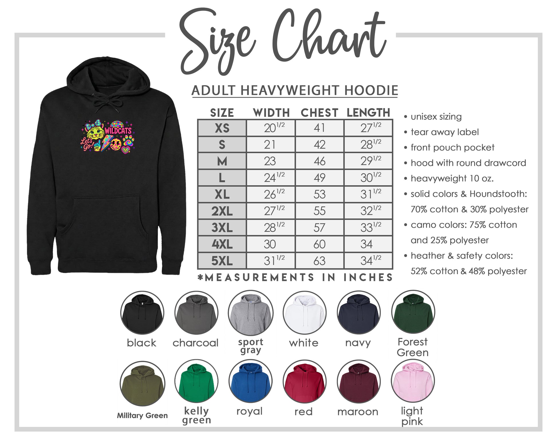 The image is a size chart for an adult heavyweight hoodie, including various color options and measurements in inches.