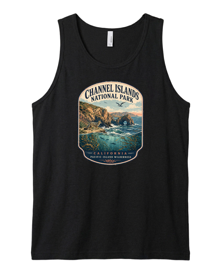 A black tank top with a graphic design depicting a scenic landscape with cliffs, water, and a bird in flight.