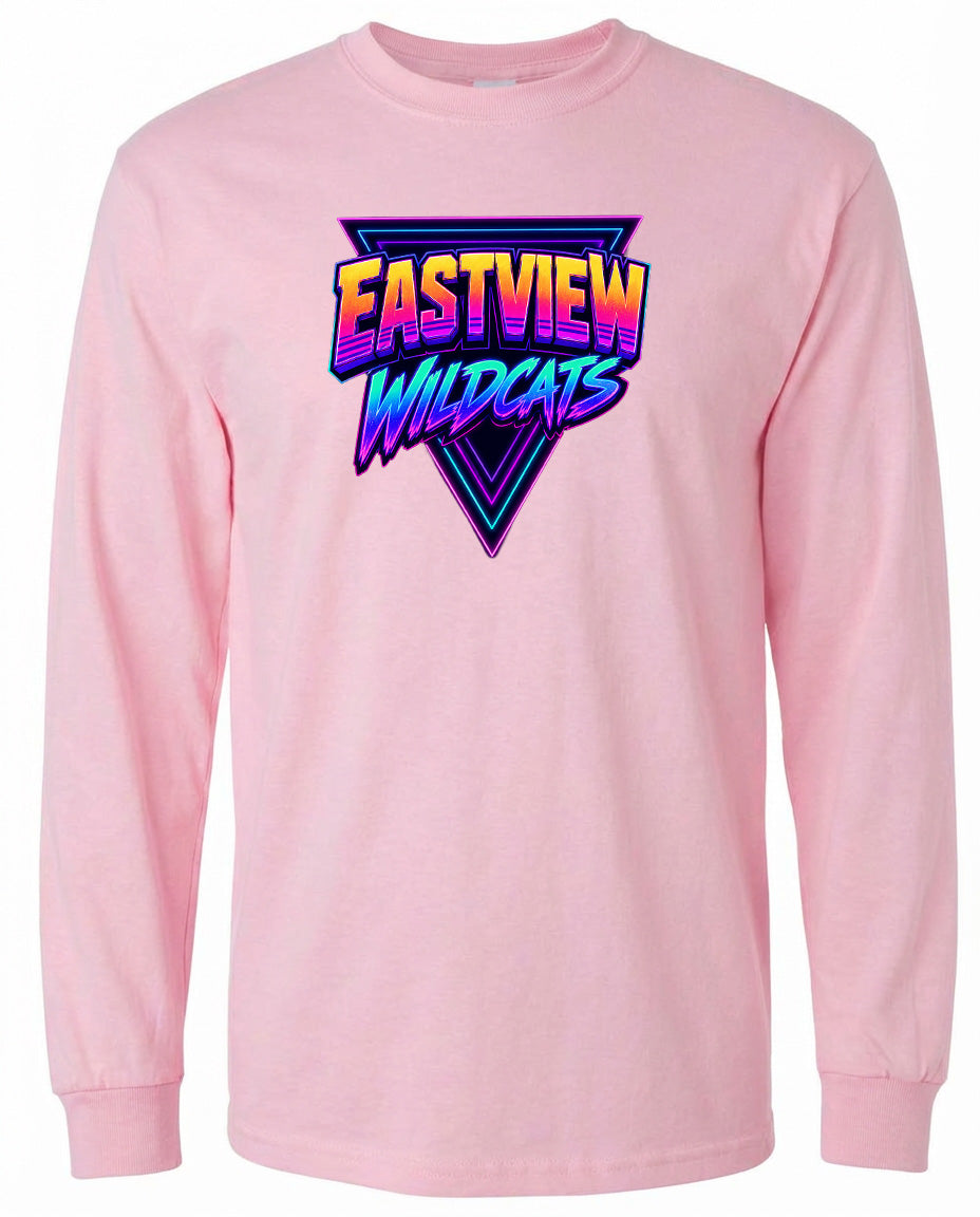 A pink long-sleeved t-shirt with a graphic design featuring the text "EASTVIEW WILDCATS" in a colorful, retro-style font.