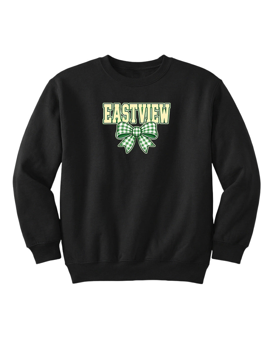 A black sweatshirt with a green and white bow on the front.