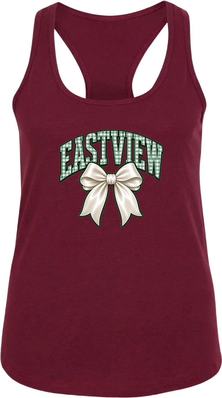 A burgundy tank top with a bow and the word "EASTVIEW" printed on it.