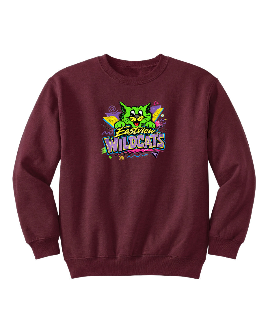 A burgundy sweatshirt with a colorful graphic design featuring a cartoon cat and the text "Easton Wildcats".