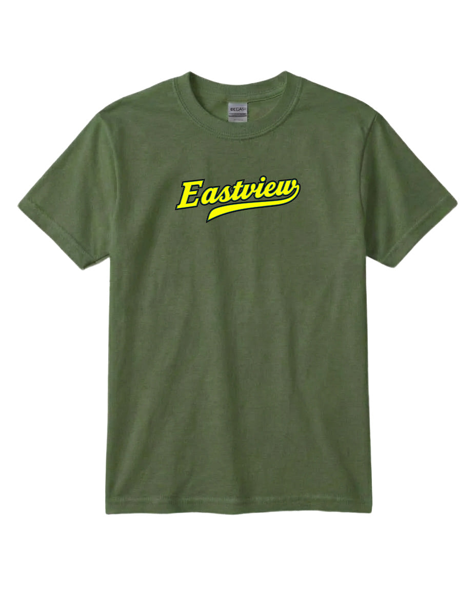 A green t-shirt with the word "Eastview" printed in yellow on it.