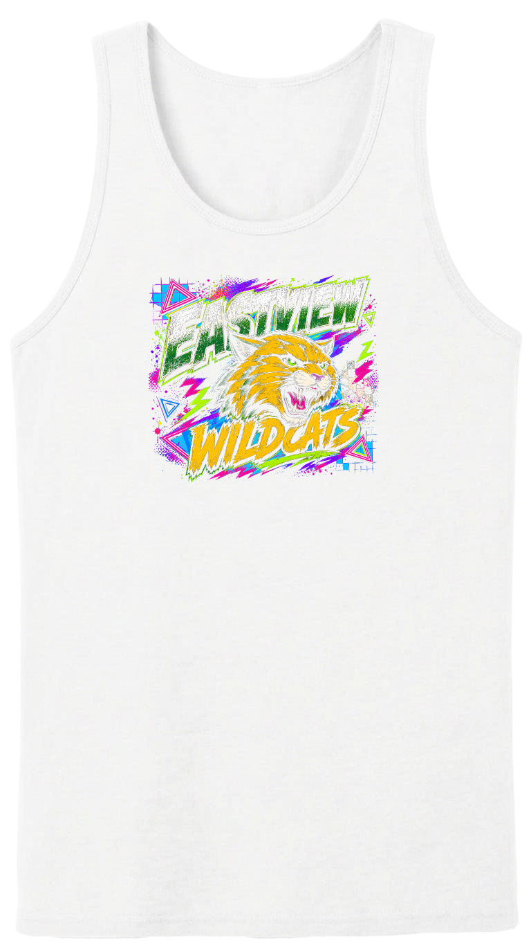 A white tank top with a graphic design featuring a yellow and orange cat's head surrounded by colorful geometric shapes and text.