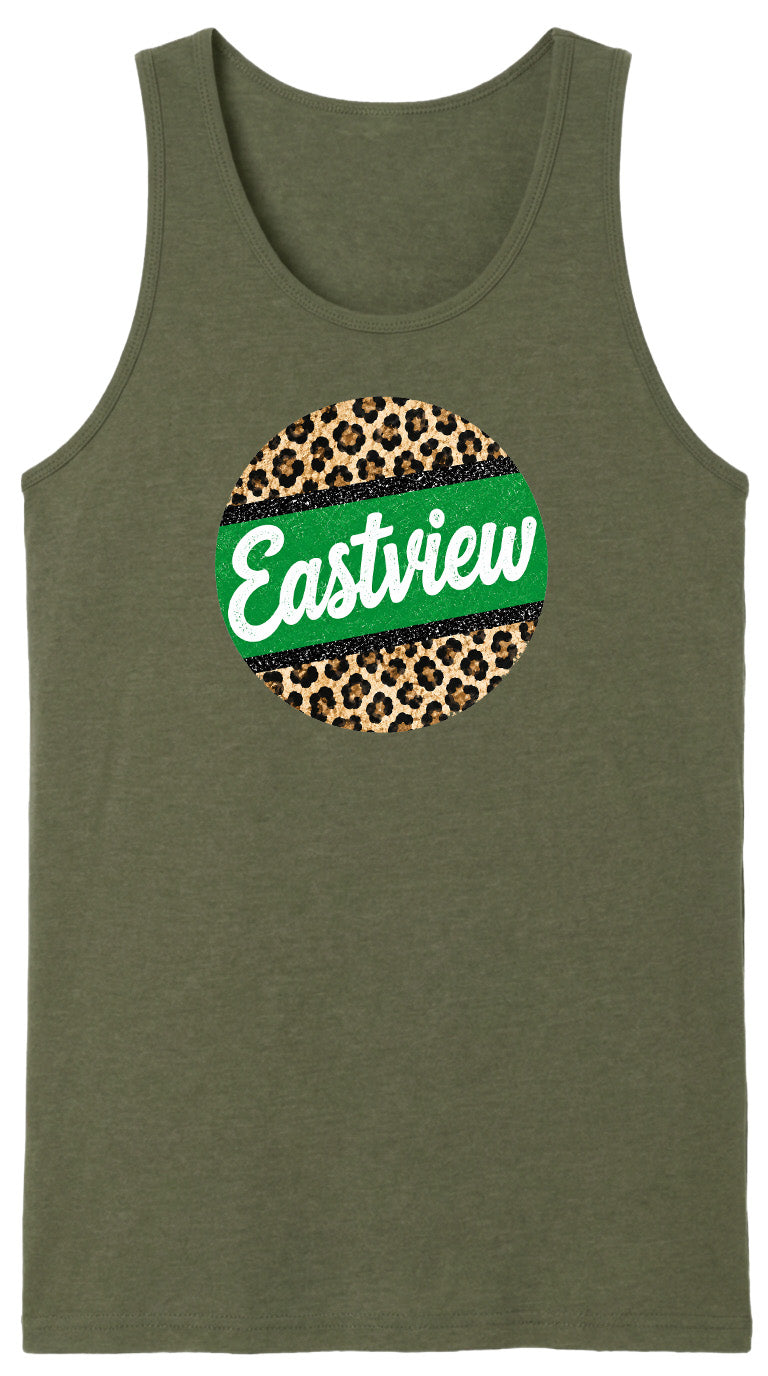 A green tank top with a circular design featuring a leopard print pattern and the word "Eastview" written in white text.