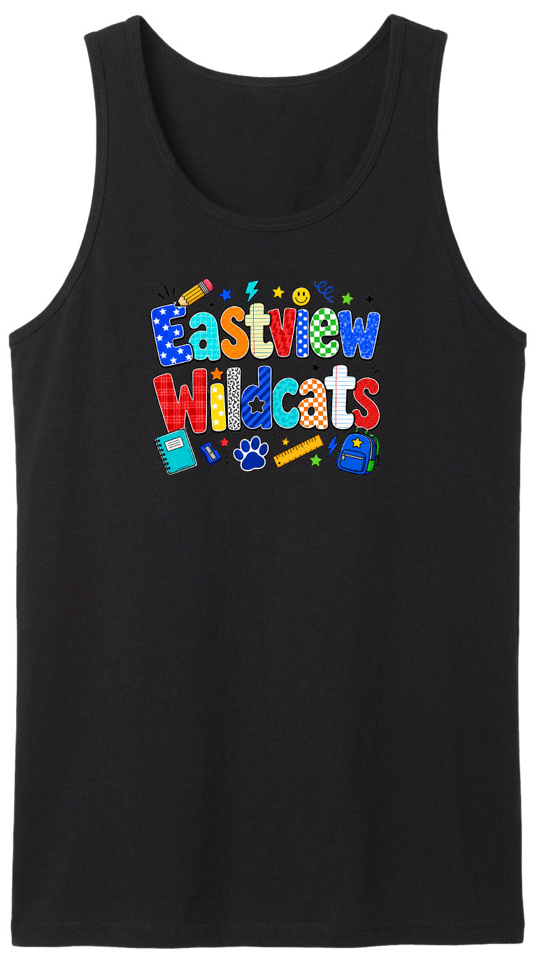 A black tank top with the text "Eastview Wildcats" printed on it in a colorful, playful font.