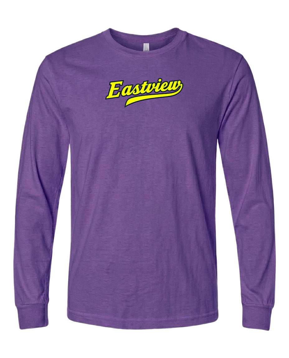A purple long-sleeved t-shirt with the text "Eastview" printed on it in yellow.