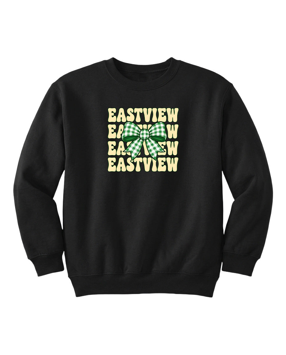 A black sweatshirt with a graphic design featuring the text "EASTVIEW" repeated in a vertical orientation, with a green and white bow in the center.
