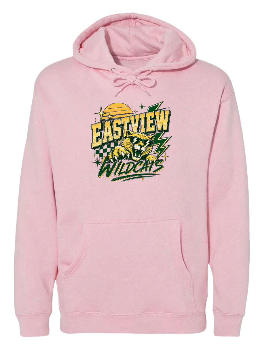 A pink hoodie with a graphic design featuring a panther and the text "EASTVIEW WILDCATS" printed on it.