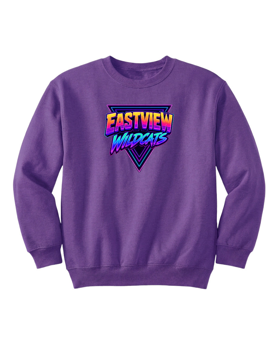 A purple sweatshirt with a graphic design featuring the text "EASTVIEW WILDCATS" in a stylized font.