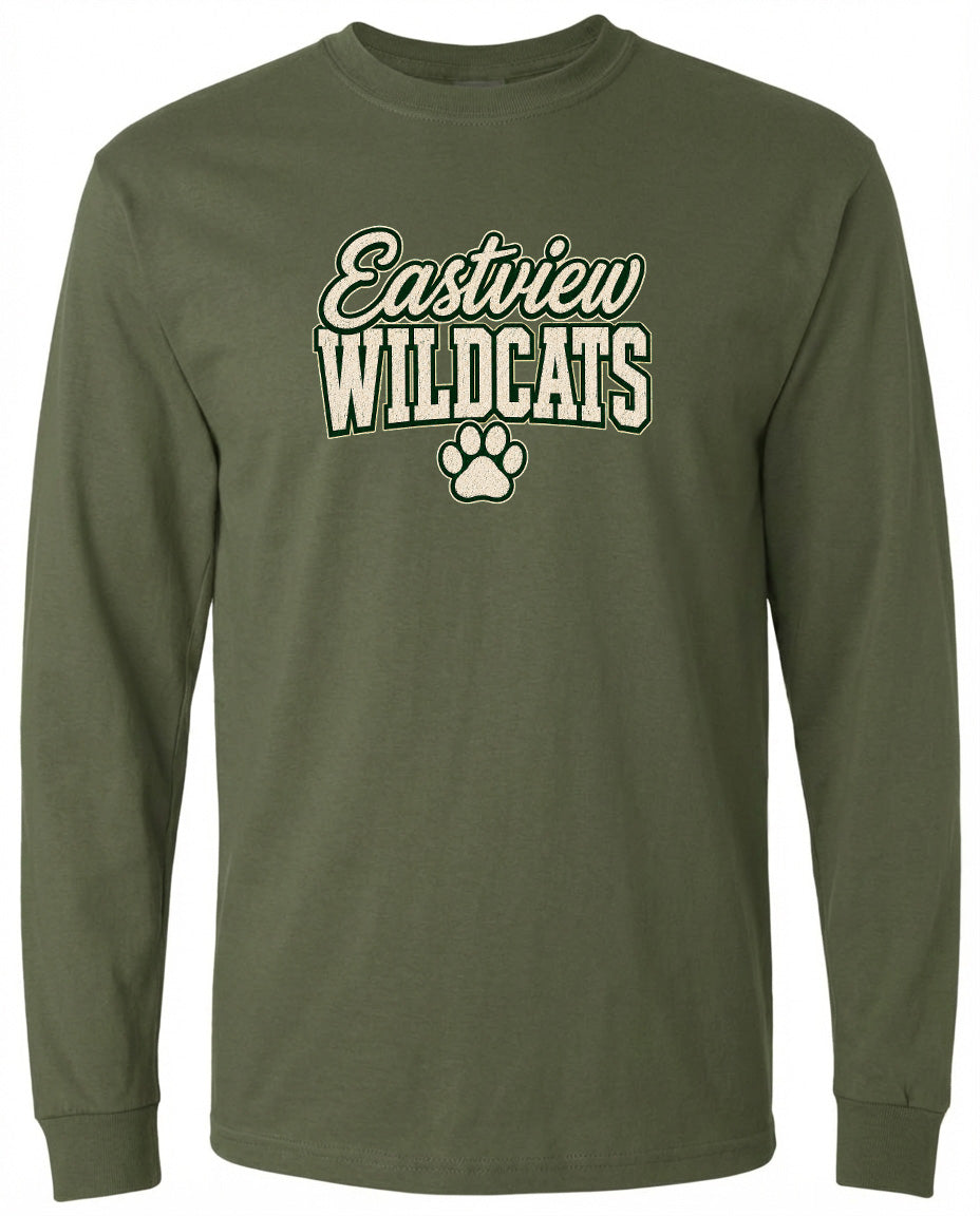 A long-sleeved olive green t-shirt with the text "Eastview Wildcats" printed on it.