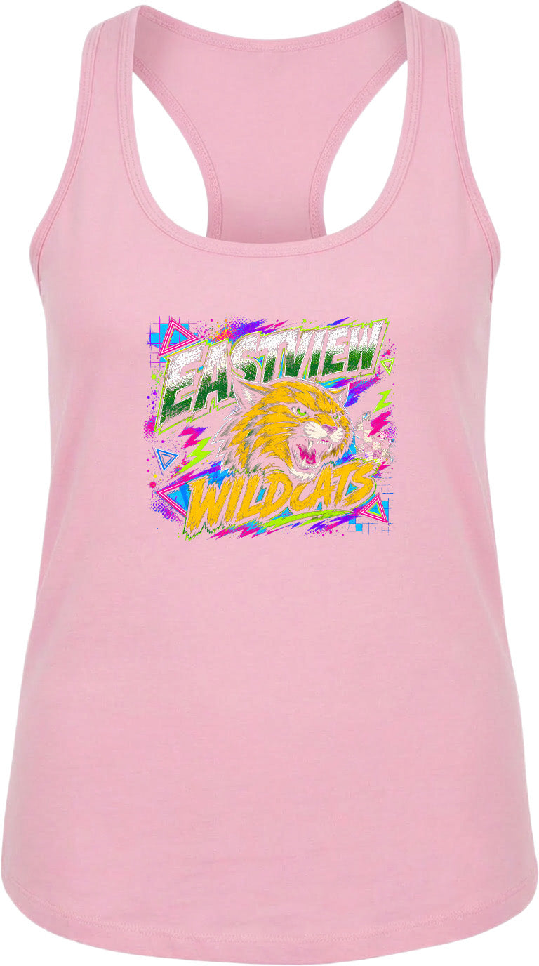 A pink tank top with a graphic design featuring a yellow and orange cat-like creature and the text "EASTVIEW WILDCATS" printed on it.