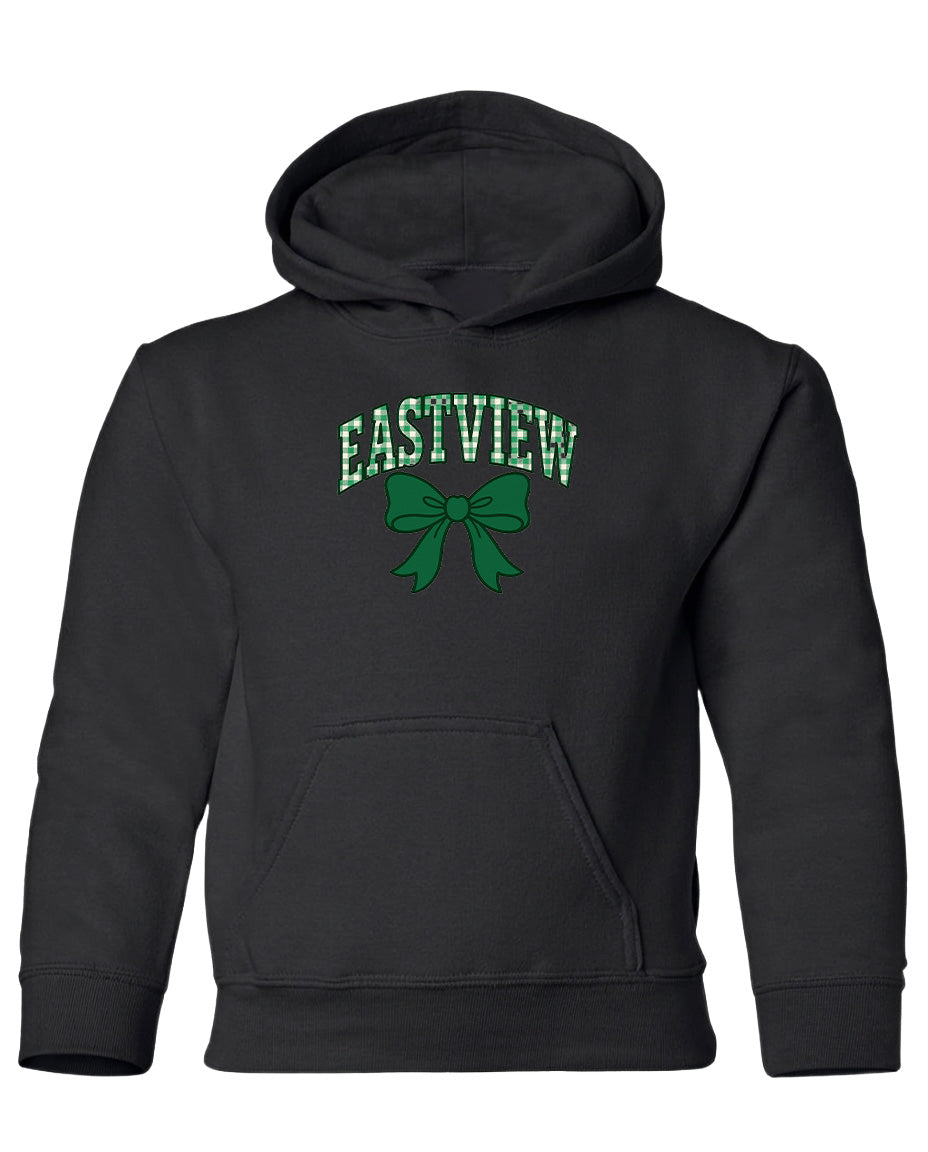 A black hoodie with a green bow and the text "EASTVIEW" printed on it.