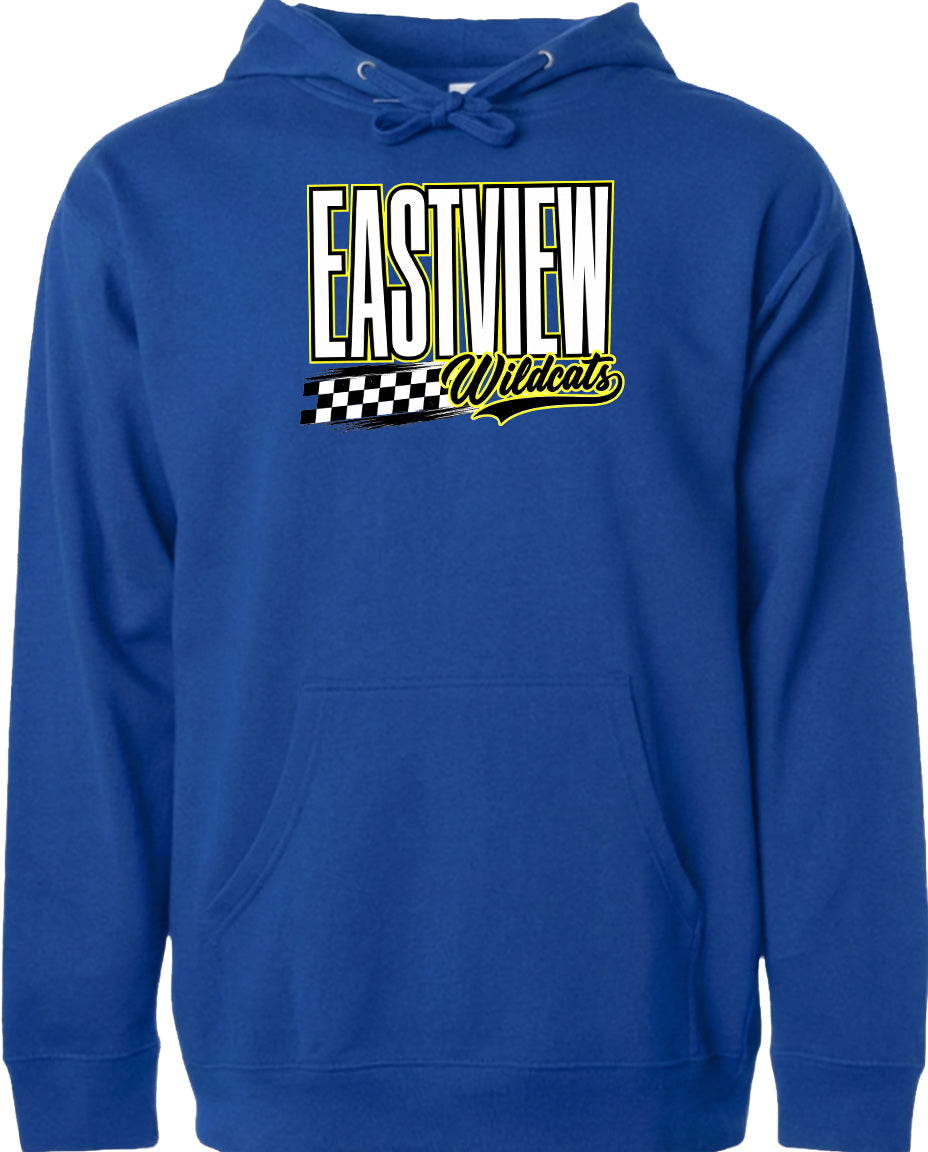A blue hoodie with a graphic design on the front.